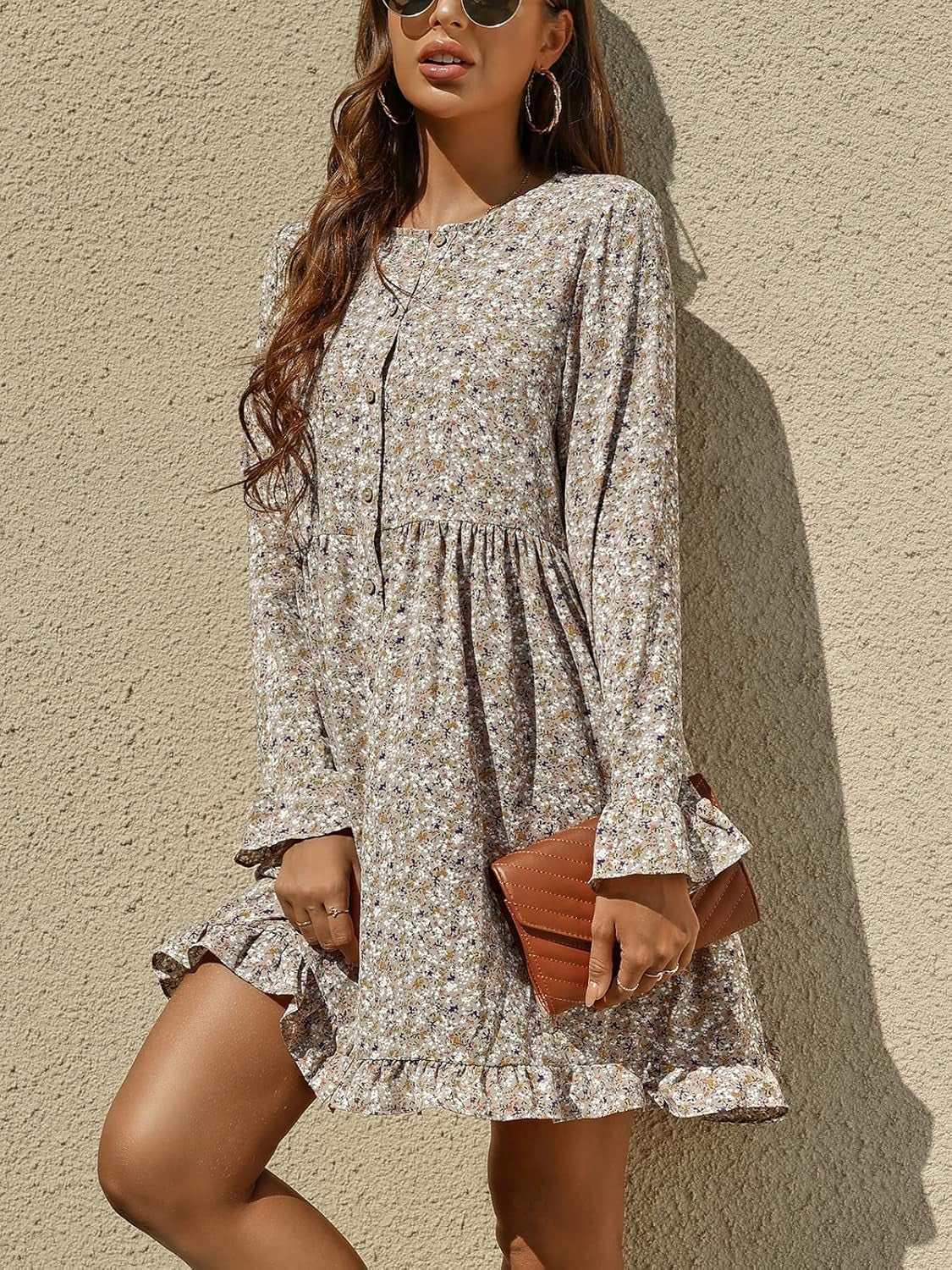 Women'S Floral Print Dress Long Sleeve Button down Tunic Dress Casual Flowy Swing Babydoll Mini Dresses Yellow S