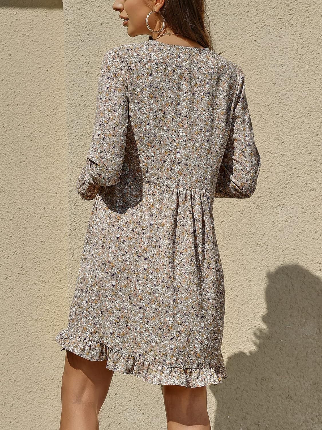 Women'S Floral Print Dress Long Sleeve Button down Tunic Dress Casual Flowy Swing Babydoll Mini Dresses Yellow S