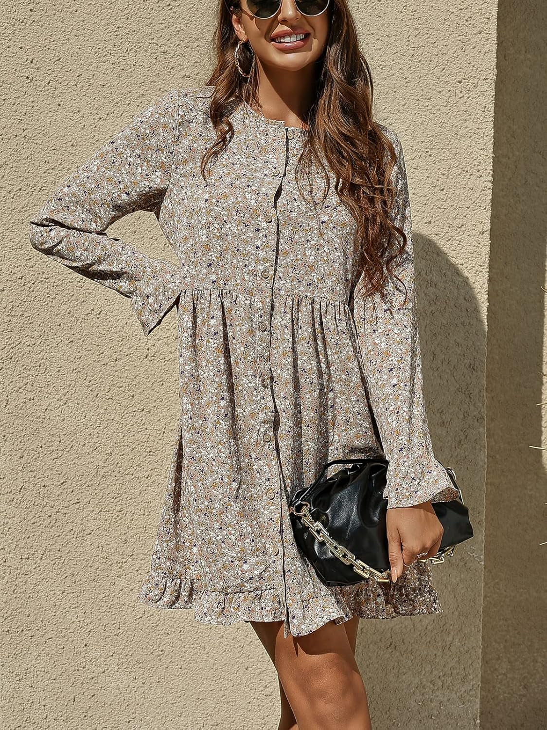 Women'S Floral Print Dress Long Sleeve Button down Tunic Dress Casual Flowy Swing Babydoll Mini Dresses Yellow S
