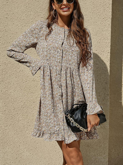 Women'S Floral Print Dress Long Sleeve Button down Tunic Dress Casual Flowy Swing Babydoll Mini Dresses Yellow S