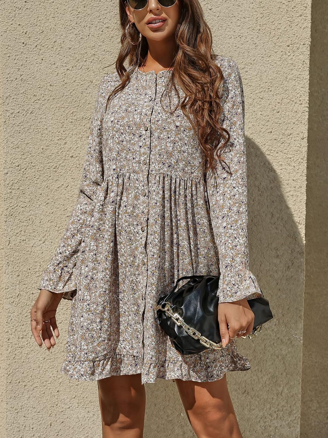 Women'S Floral Print Dress Long Sleeve Button down Tunic Dress Casual Flowy Swing Babydoll Mini Dresses Yellow S