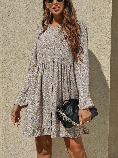 Women'S Floral Print Dress Long Sleeve Button down Tunic Dress Casual Flowy Swing Babydoll Mini Dresses Yellow S