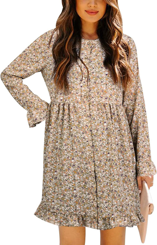 Women'S Floral Print Dress Long Sleeve Button down Tunic Dress Casual Flowy Swing Babydoll Mini Dresses Yellow S